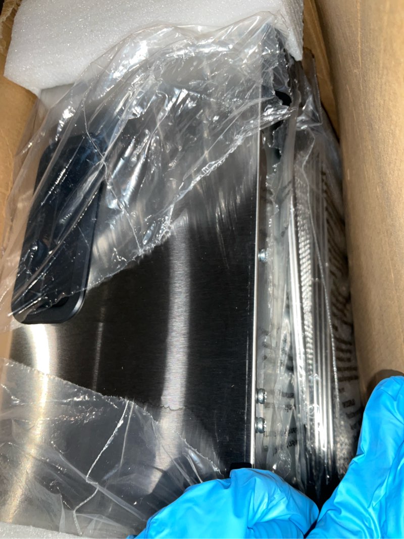 Condition photo showing As Is for stainless steel mini food dehydrator dryer- 6 stainless steel trays, digital adjustable timer, 400w, 176°f, temperature control, for jerky, herb, meat, beef, fruit and pet treats, model 2016yj, silver 6 trays