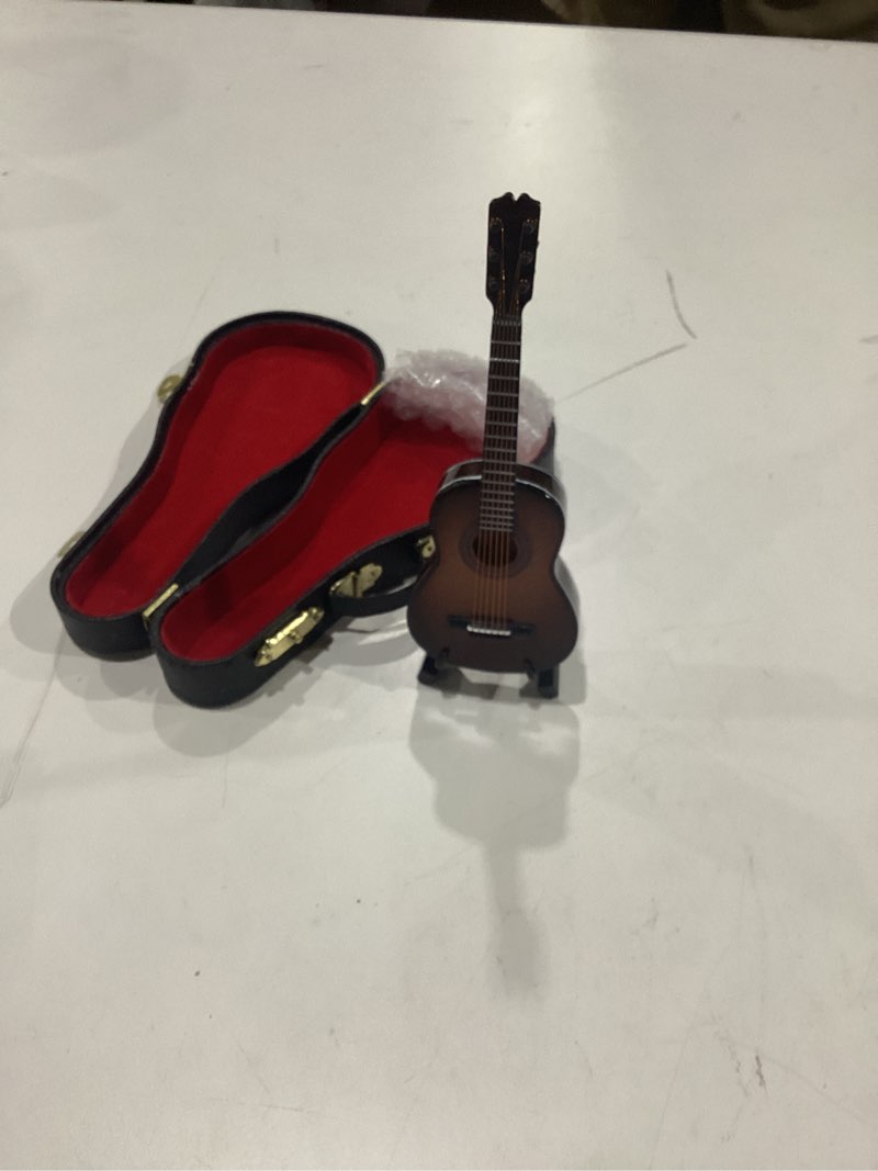 Condition photo showing New/Like New for wooden miniature guitar with stand and case mini musical instrument classic guitar replica collectible figurines model home decoration display ornament (brown, 5.12"x1.86"x0.68") classic guitar:brown 5.12"x1.86"x0.68"