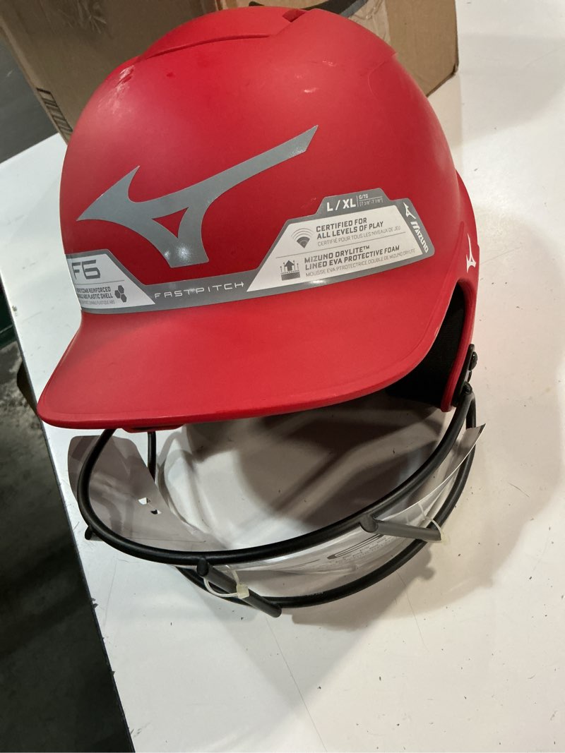 Condition photo showing Good Condition for mizuno adult f6 fastpitch softball batting helmet with mask red large-x-large