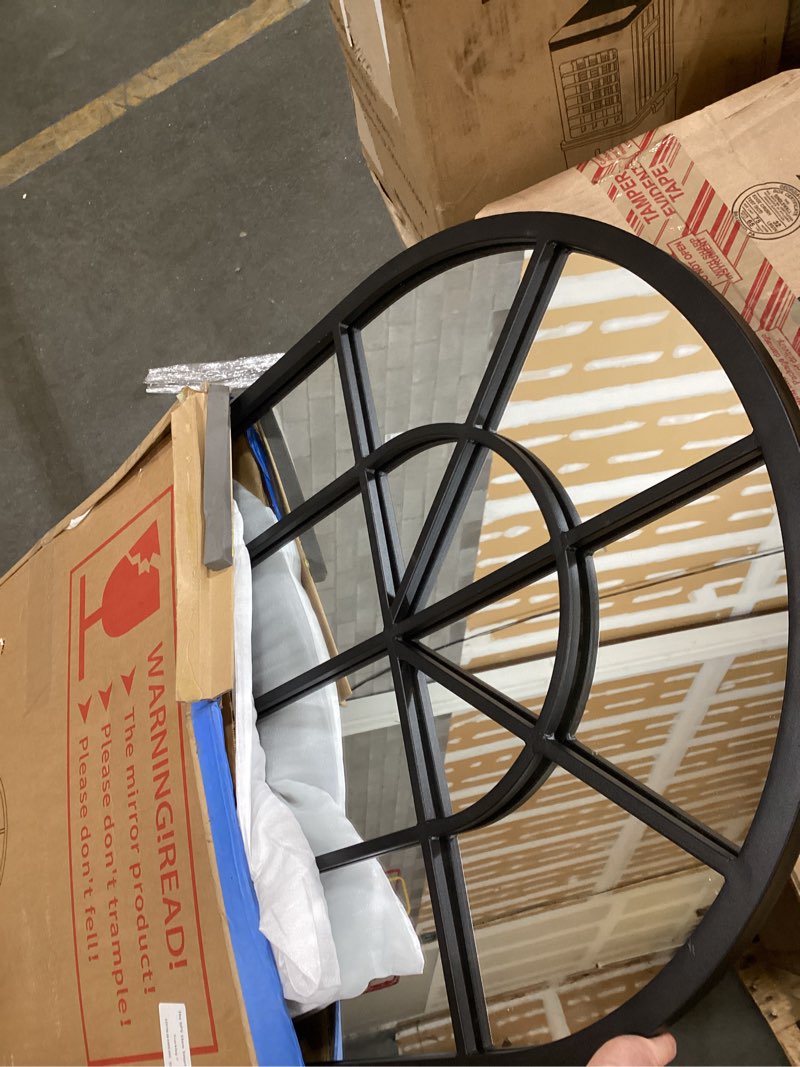 Condition photo showing Good Condition for black arched window mirror, farmhouse decorative wall mirrors for living room, bedroom, entryway, bathroom vanity, fireplace mantel, window pane mirror wall decor (black, 31.5 x 20 x1)