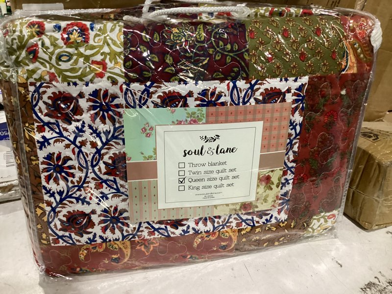 Condition photo showing As Is for slpr red riches 3-piece quilt set - queen size with 2 shams, autumn patchwork design, red toned lightweight quilted bedspread, fall-inspired country bedding