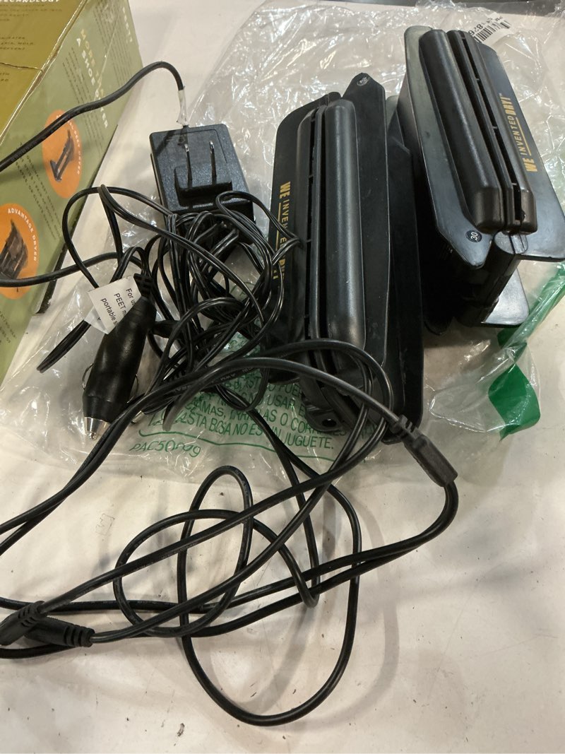 Condition photo showing As Is for peet, go! portable 2-shoe dryer, electric boot dryer with vehicle power adapter, dryer for work boots, sneakers, ski boots cleats, athletic shoes