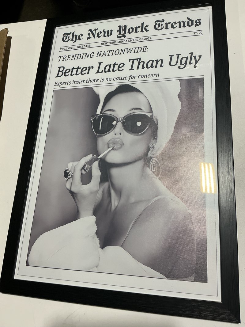 Condition photo showing Good Condition for Trendy Luxury Black And White Framed Wall Art Newspaper Better Late Than Ugly Pictures For Preppy Girly Dorm Decor-Funky Fashion Feminist Canvas Prints Ready To Hang Room Bedroom 24"L x 16"W Audrey Hepburn