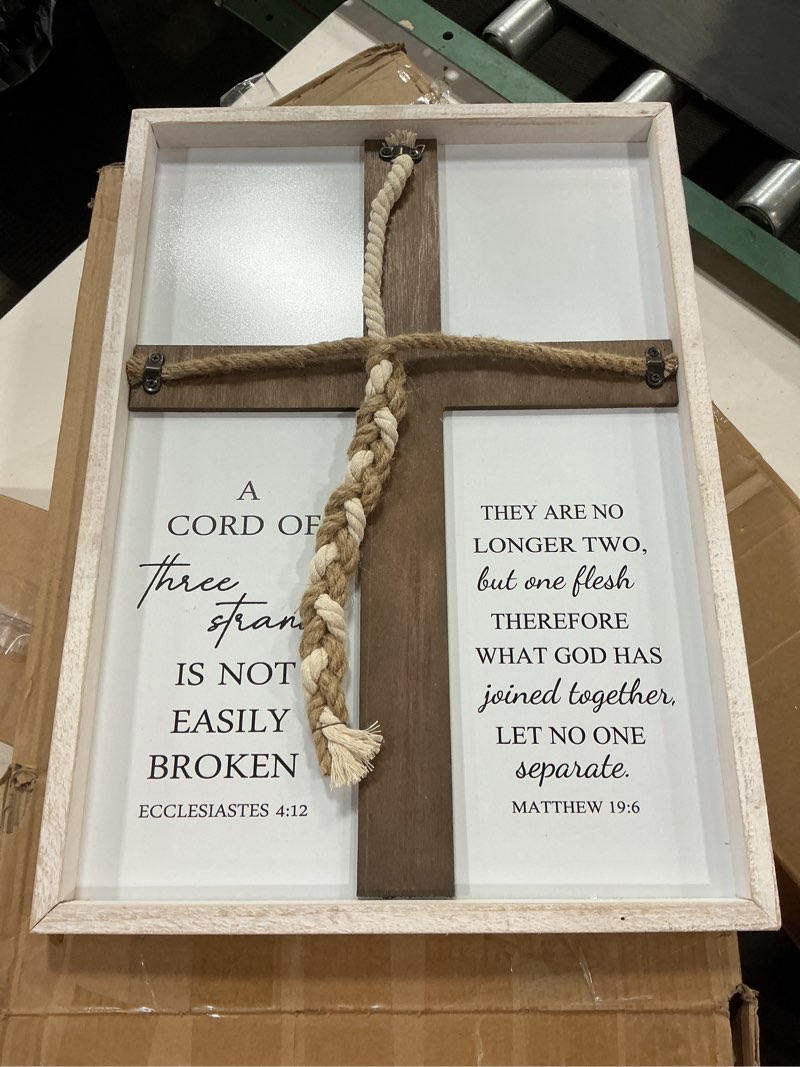 Condition photo showing Good Condition for a cord of three strands wedding ceremony sign, 22x16 inch braid knot rope wood frame wall decor for unity ceremony ideas, christian wedding gifts for couple anniversary, white 22x16inches white