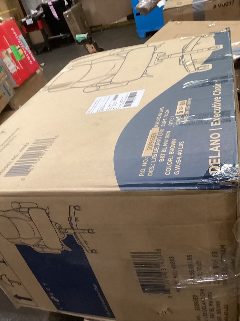 Condition photo showing As Is for La-Z-Boy Delano Big & Tall Executive Office Chair, Ergonomic Mid-Back Body Pillow Lumbar Support, ComfortCore Memory Foam Cushion, Mahogany Wood Arms & Swivel Base, Bonded Leather, Chestnut Brown