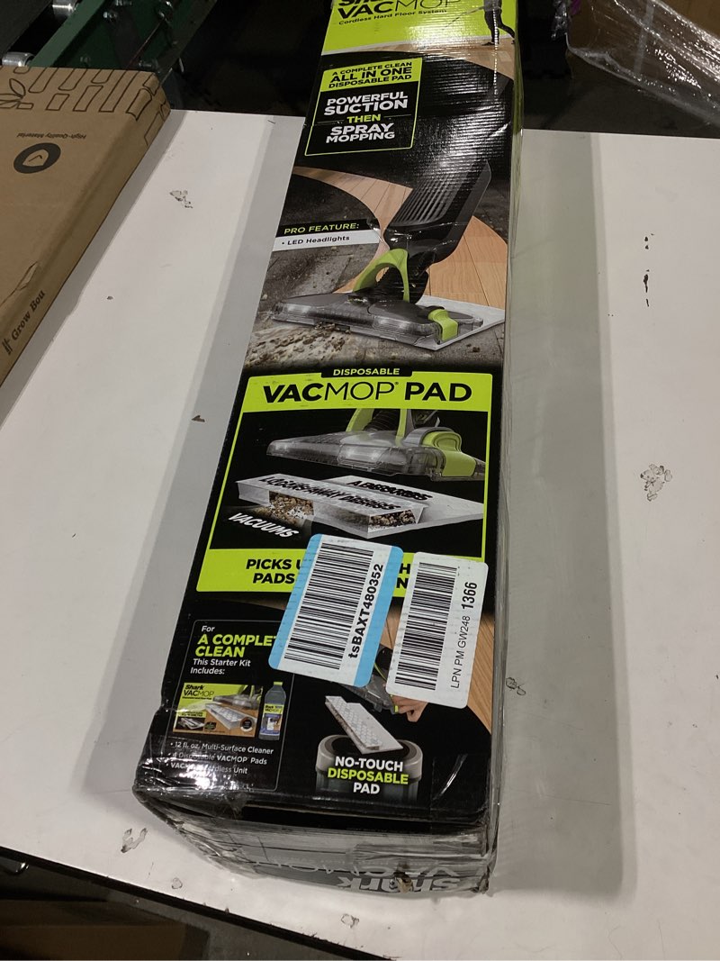 Condition photo showing As Is for shark vacmop cordless hard floor cleaner, vacuum and spray mop, powerful suction, lightweight, led headlights, includes 4 disposable pads, 12oz multi-surface cleaning solution, gray, vm252 gray - 4 pads