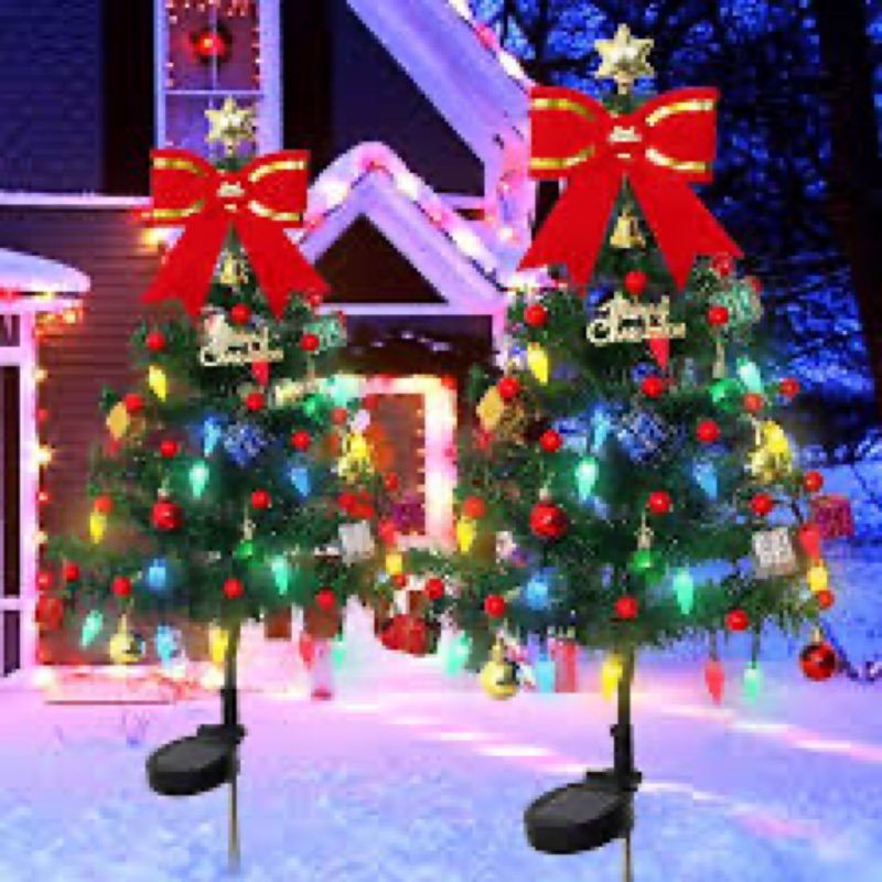 Alynsehom 4 Pack Solar Christmas Tree?33.5in Outdoor Waterproof Solar Xmas Trees with 80 LED Lights 