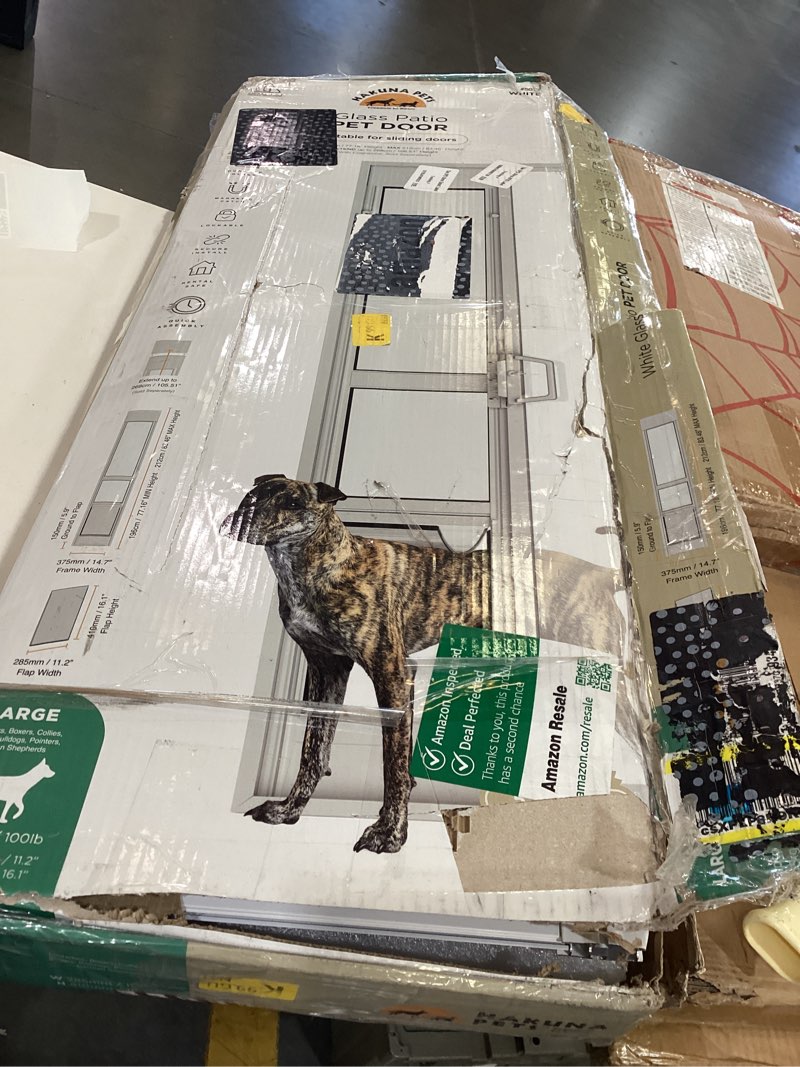 Condition photo showing As Is for hakuna pets white glass patio pet door for sliding glass doors, large | adjustable height 77.2” – 83.5”, damage-free or permanent installation, durable aluminum frame, locking panel included white large