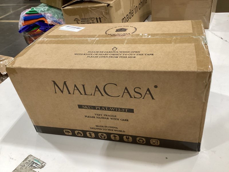 Condition photo showing New/Like New for malacasa 3 tier serving trays for party, porcelain serving platters and trays, 12 inch tiered tray stand, fruit tray, trays for serving food, white dessert stand with collapsible sturdier metal rack white 12 inch
