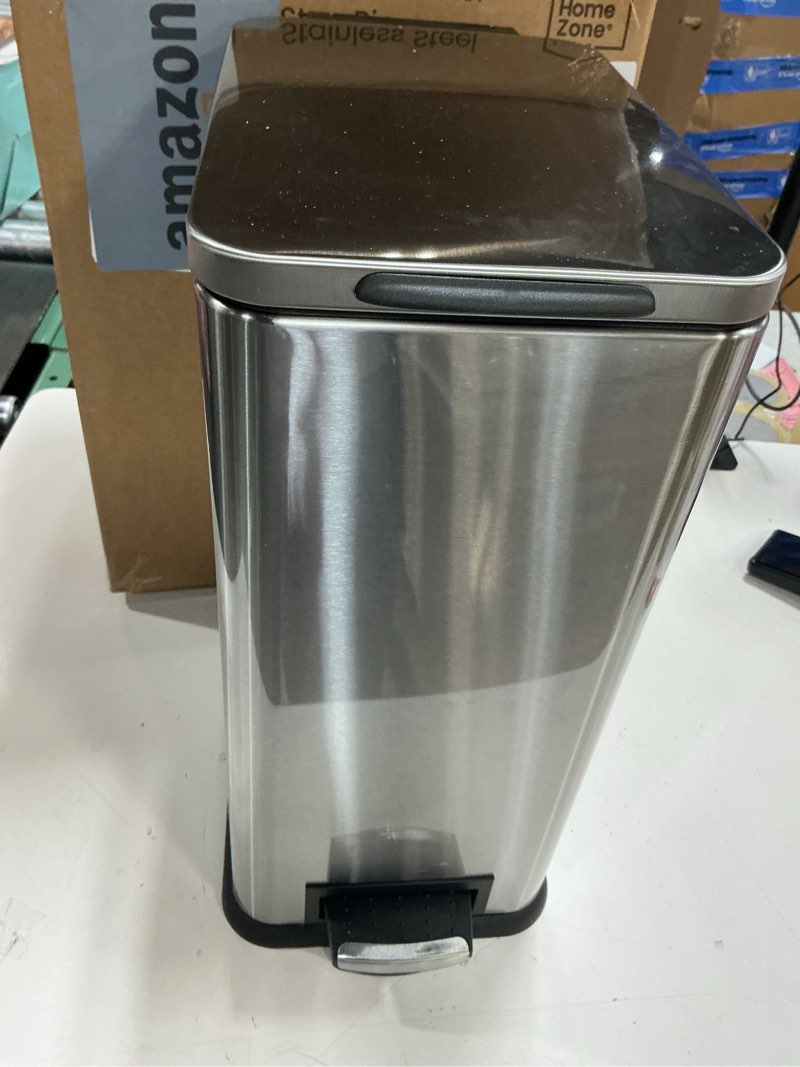 Condition photo showing Good Condition for Home Zone Living 4 Gallon Slim Kitchen Trash Can with Soft Close Lid and Step Pedal, Stainless Steel Wastebasket with Removable Liner, Silver Silver Solid