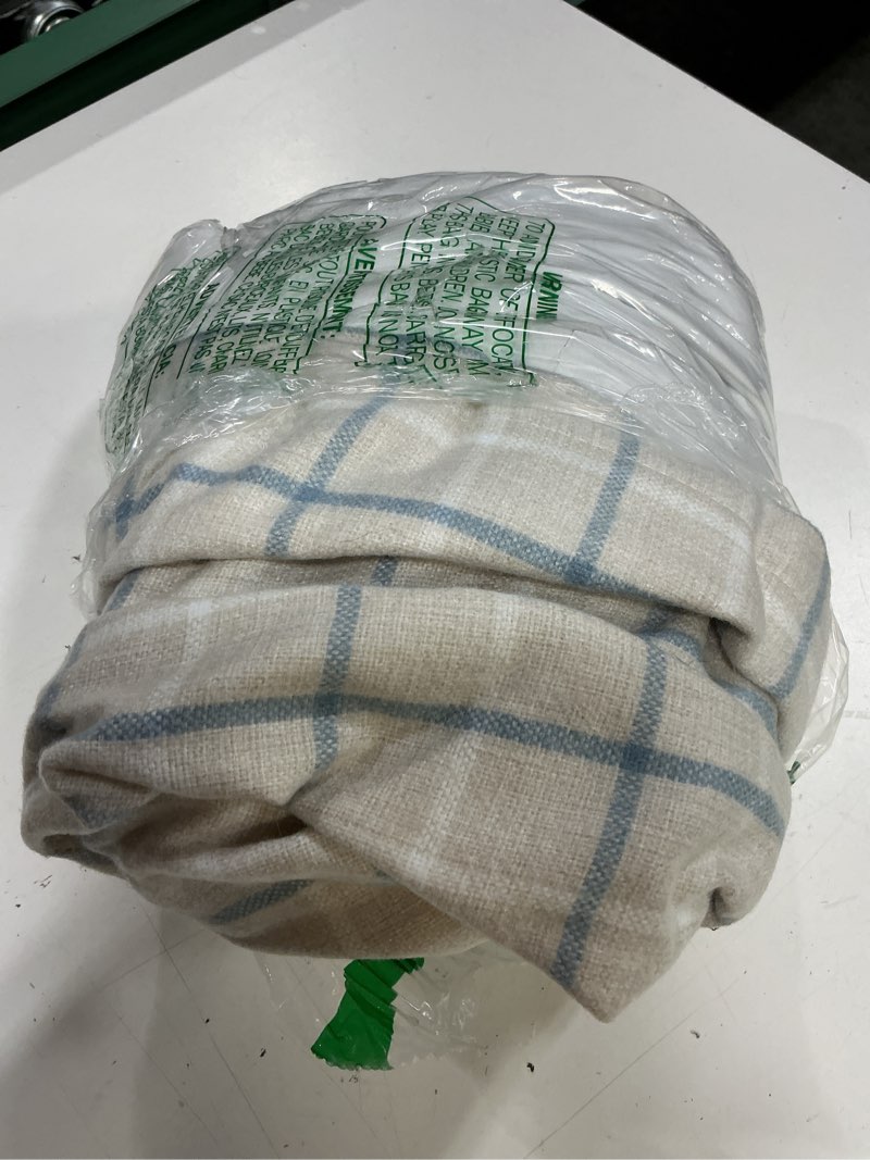 Condition photo showing As Is for madison park anaheim cabin plaid curtain window, thermal insulated fleece lining, living room decor room darkening drape for bedroom, 1-single panel pack, 50x63, rod pocket & back tab, linen blue 50"w x 84"l (pack of 1) rod pocket & back tab, linen blue