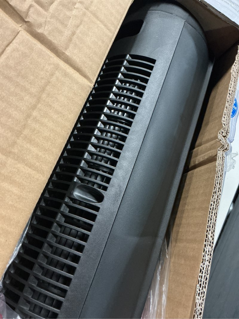 Condition photo showing As Is for mainstays 28-inch tower fan with 3-speed settings and oscillation  black