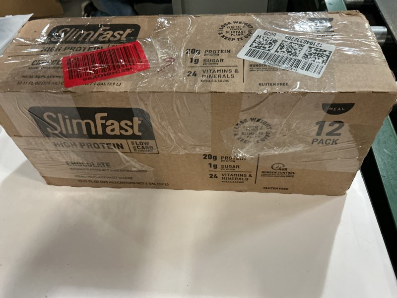 Condition photo showing New/Like New for ((USE BY/AUG/16/2025))SlimFast Protein Shake, Chocolate- 20g Protein, Meal Replacement Shake Ready to Drink, High Protein with Low Carb and Low Sugar, 24 Vitamins and Minerals, 12 Count (Pack of 1) (Packaging May Vary) Chocolate Meal Replacement Protein Shake