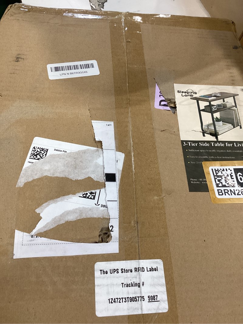 Condition photo showing Good Condition for sleeping lamb side table for living room, 3-tier end table for small space with wide storage tabletop, rustic brown narrow nightstand for bedroom, sofa couch