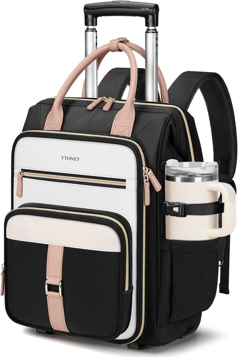 ytonet rolling backpack for women, 15.6 inch travel backpack with wheels, stylish rolling laptop bag with passport holder, dual-opening design, underseat carry on luggage for work college teacher