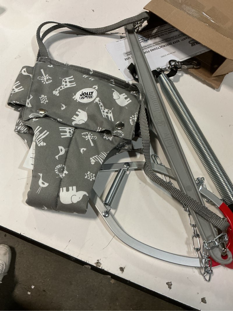 Condition photo showing Good Condition for jolly jumper iconic (grey safari), doorway baby jumper, indoor exercise saddle seat, adjustable height, for infants up to 28lbs, black, no stand required grey safari saddle