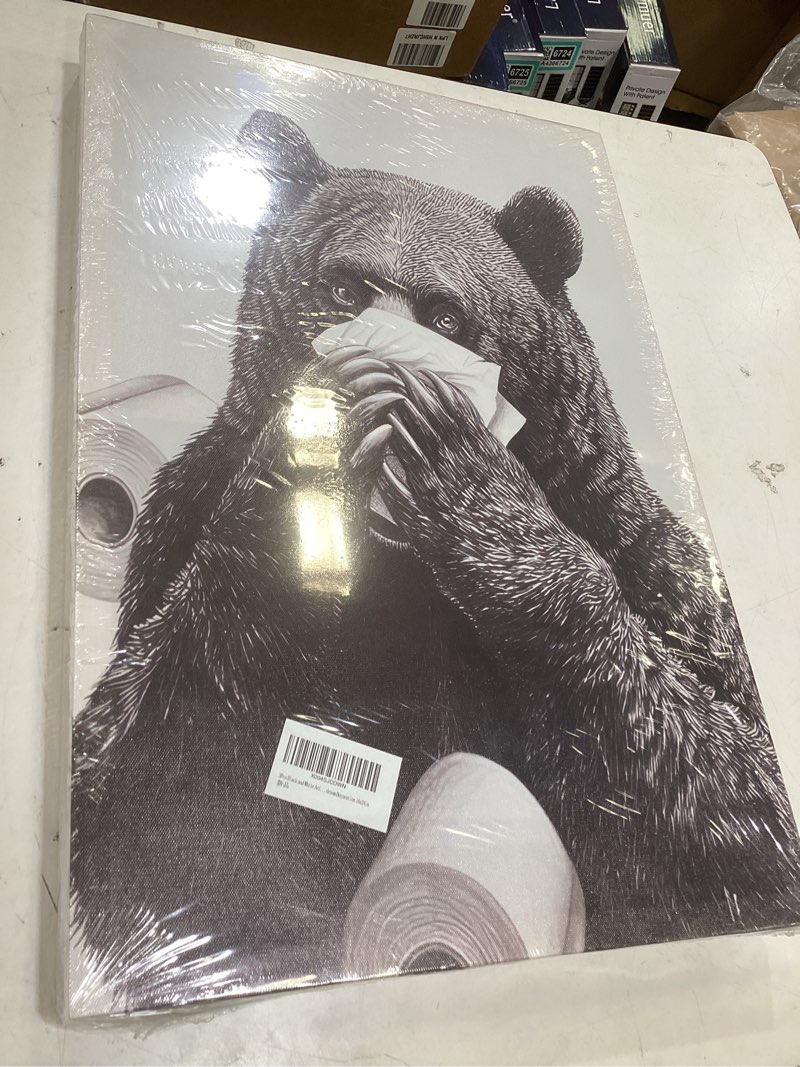 Condition photo showing New/Like New for 3pcs frame black bear bathroom wall art funny bear toilet paper covering nose painting reading newspapers pictures black and white animal wall decor posters prints for home decoration 12x16in bathroom bear canvas 16"l x 12"w