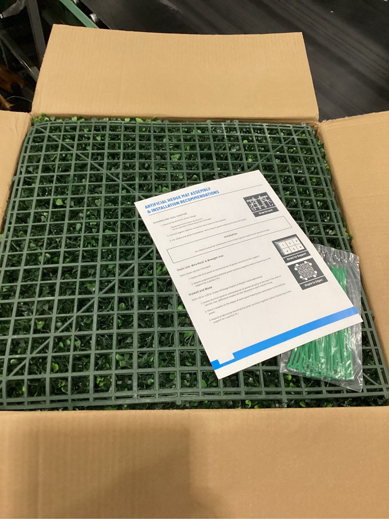 Condition photo showing New/Like New for sunnyglade 12 pieces 20"x 20" artificial boxwood panels topiary hedge plant, privacy hedge screen sun protected suitable for outdoor, indoor, garden, fence, backyard and decor (12pcs) 20in x 20in