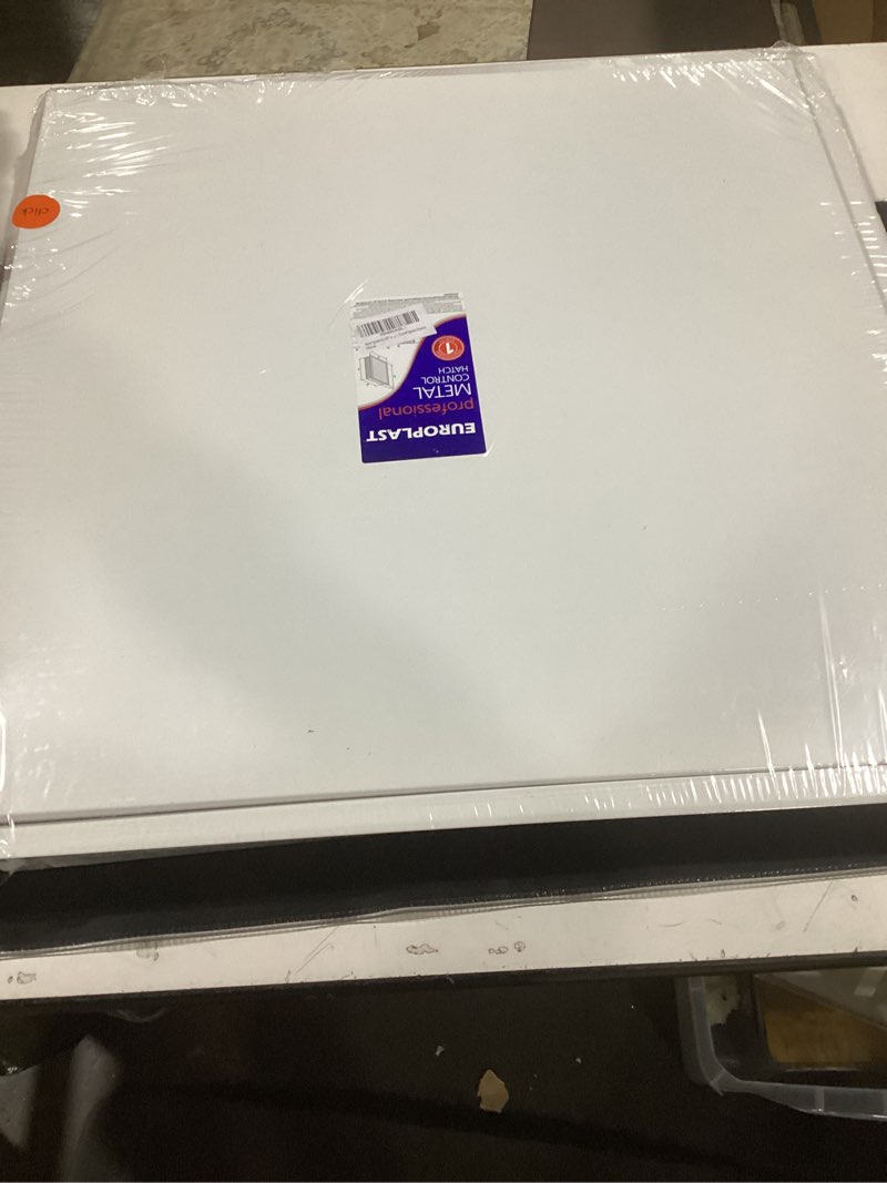 Condition photo showing As Is for vent systems 24'' x 24'' inch white metal access panel with click function - easy access doors - access panel for drywall, wall, electrical and plumbing service door 24" x 24" - white