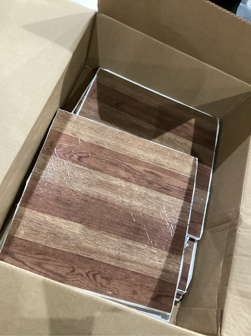 Condition photo showing As Is for nexus self adhesive 12-inch vinyl floor tiles, 20 tiles - 12" x 12", medium oak plank-look pattern - peel & stick, diy flooring for kitchen, dining room, bedrooms & bathrooms by achim home decor medium oak plank-look wood look