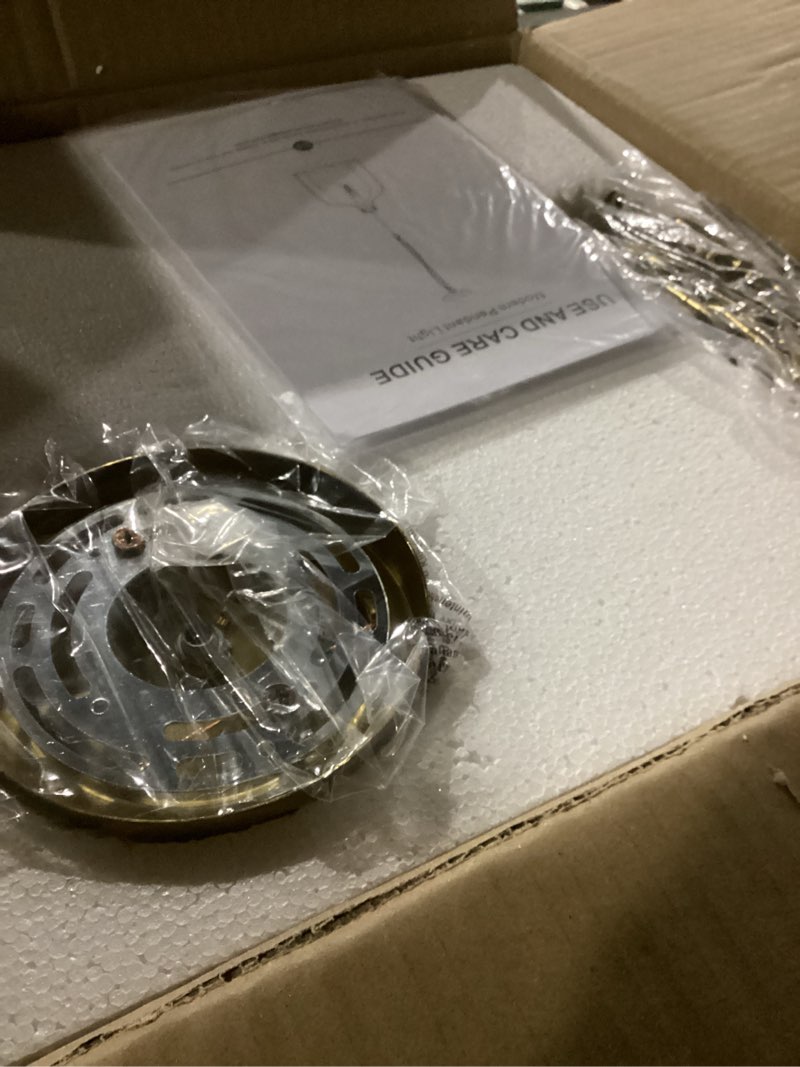 Condition photo showing New/Like New for 16" extra large farmhouse pendant light – hand-blown hammered glass shade, gold finish, adjustable chain ceiling light for kitchen island, dining room, hallway gold chain