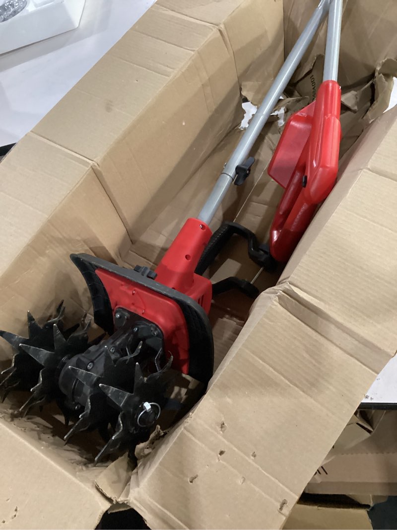Condition photo showing As Is for cordless tiller cultivator for milwaukee 18v battery(tool only),brushless motor,electric garden tiller w/360 rpm, 9in tilling width and 6.6in depth garden rototiller for lawn/soil cultivation with milwaukee 20v battery