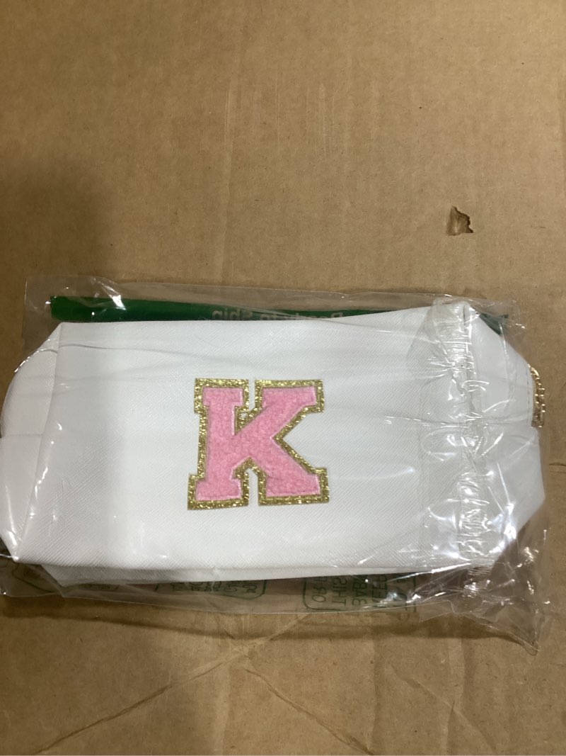 Condition photo showing Good Condition for Personalized Makeup Bag Initial A-Z Preppy Patch Bag,Small PU Leather Travel Cosmetic Bag Pouch with Zipper,White Cute Toiletry Bag,Gift Ideal for Teen Girls Women Birthday Friend Mom,Letter K White,Pink-Letter K