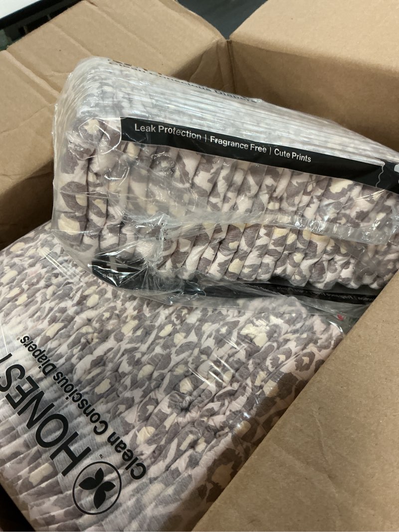 Condition photo showing As Is for the honest company comfort dry disposable diapers for sensitive skin, hypoallergenic, wild thang + all the alpacas, super club box size 4 (22–37 lbs) 104 count
