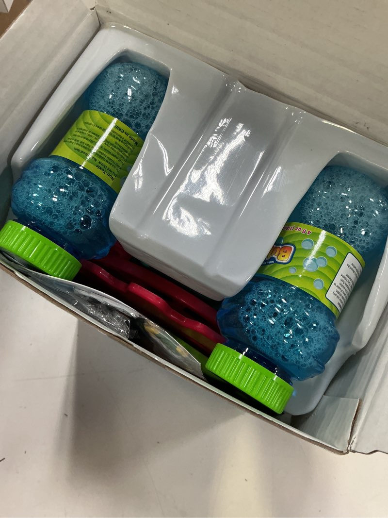 Condition photo showing New/Like New for bubble machine for toddlers kids & pets, with 8oz safe solution, extra large & bubbles in bubble maker, children & pets dog toys gift, indoor/outdoor birthday wedding party bubble blower