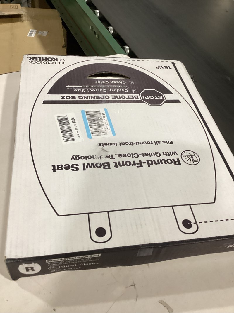 Condition photo showing New/Like New for kohler stonewood quiet-close, round toilet seat soft close, durable wood, easy installation, universal fit, home essentials, biscuit finish, k-20467-96 biscuit round double-hinge