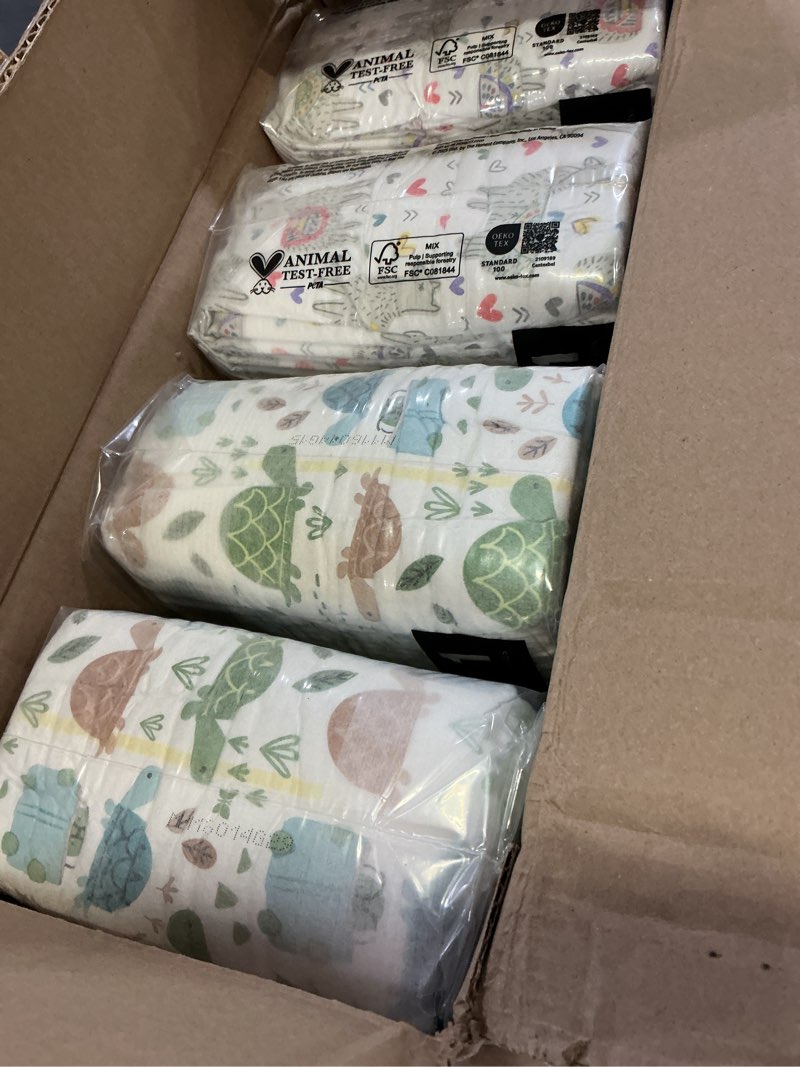 Condition photo showing New/Like New for the honest company comfort dry disposable daytime diapers for sensitive skin, hypoallergenic, all the alpacas + turtle time, super club box size 1 (8–14 lbs), 136 count size 1 (136 count) all the alpacas + turtle time