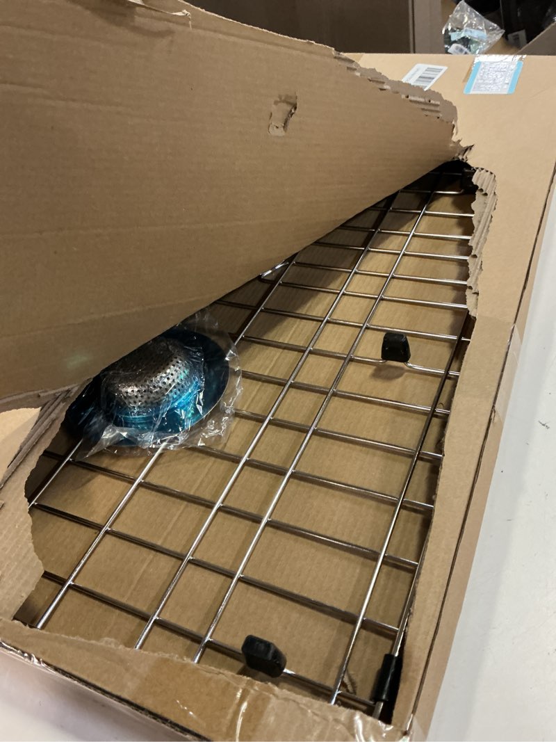 Condition photo showing Good Condition for ipegtop sink bottom grid, stainless steel sink protector 23" x 13" rear drain hole with corner radius, sink grate rack for bottom of kitchen sink single bowl with hole cover, one piece 23"x13",rear drain