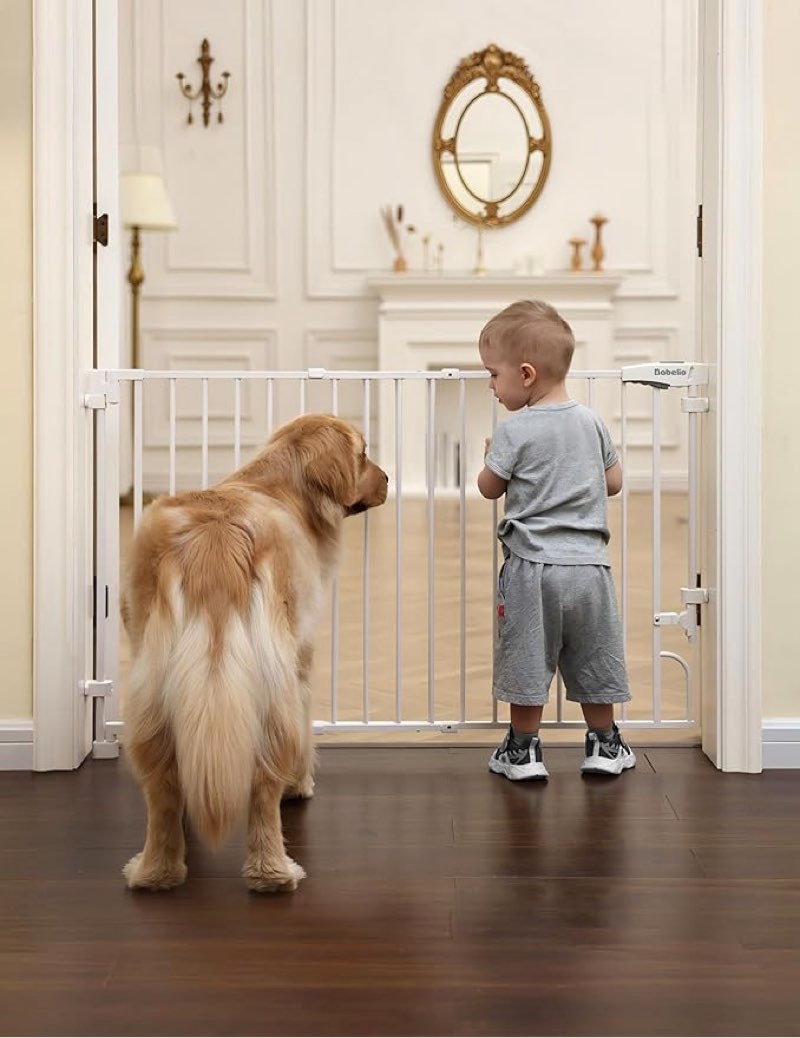 Babelio Easy to Remove & No Bottom Bar Baby Gate, 29-43\" Hardware Mounted (Drill Needed)| Wide Walk-Thru| Auto-Close Safety Dog/Pet Gate for Stairs & Doorways (White 29-43\" W, 30\" H) White 29-43\" W, 30\" H