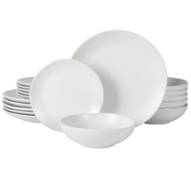 gibson home bethel 18 piece plates and bowls ceramic stoneware organic shape dinnerware set (service for 6) - matte white