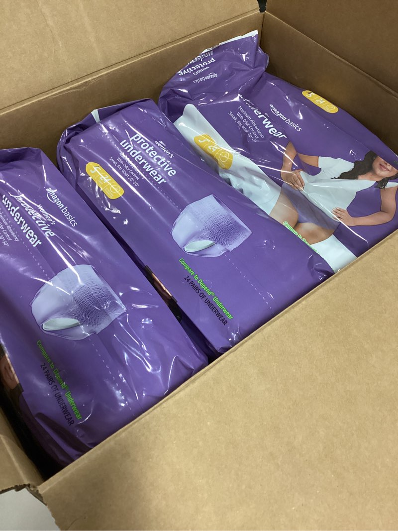 Condition photo showing New/Like New for (Size:S) pack of 3, Amazon Basics Incontinence Underwear for Women, Protective, Disposable, Postpartum, Maximum Absorbency, Small, Lavender, pack of 3 of 24 Count Small