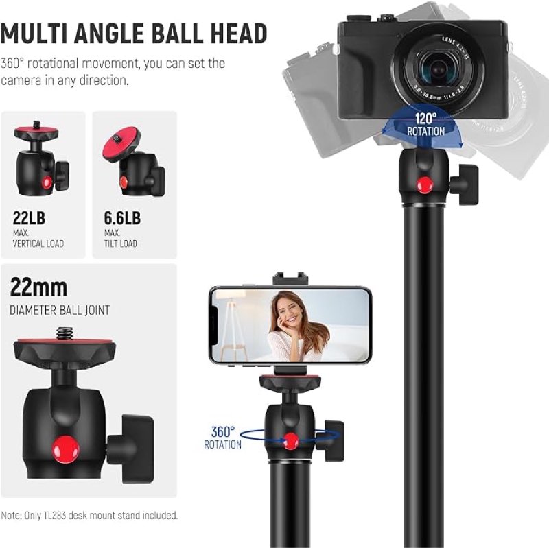 neewer camera desk mount with holder & 360° ball head, 17"-40"/43-102cm telescopic c clamp table light stand 1/4" screw, desktop stand 6.6lb/3kg max load for dslr camera, webcam, ring light,tl283