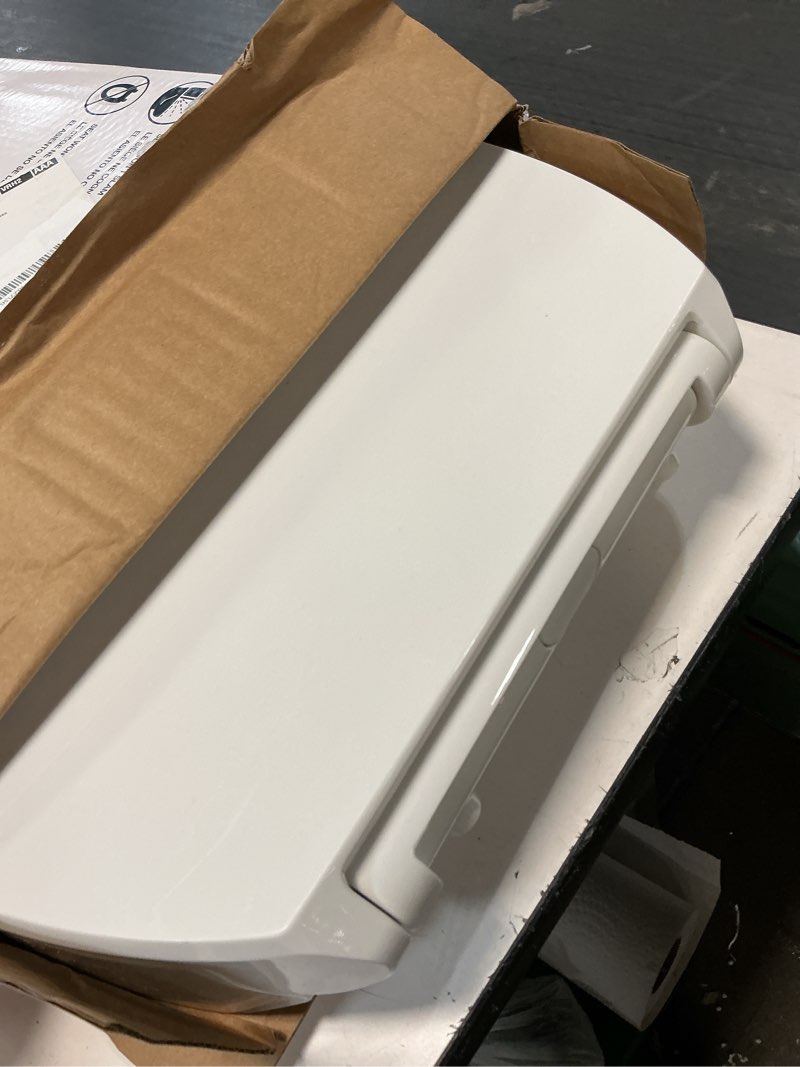 Condition photo showing As Is for kohler 25875-0 hyten 3" height, elevated soft close elongated toilet seat, contoured seat with grip-tight bumpers, quick-attach hardware, no slam toilet seat, white white elongated