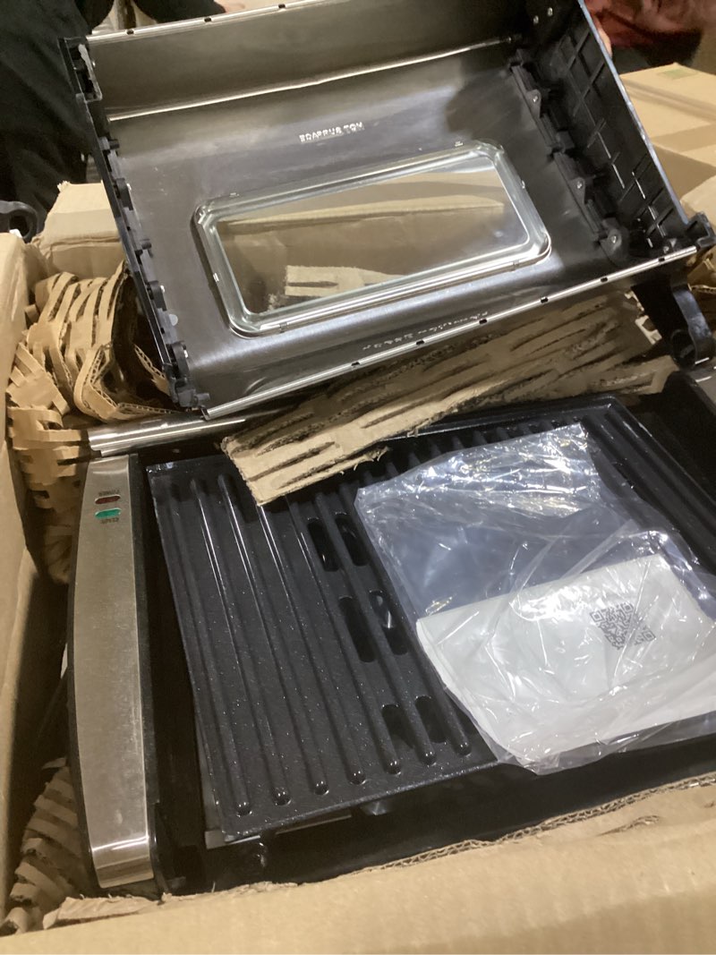 Condition photo showing As Is for Hamilton Beach Electric Indoor Searing Grill with Viewing Window  Removable Easy to Clean Nonstick Plate  6-Serving  Extra-Large Drip Tray  Stainless Steel  25361