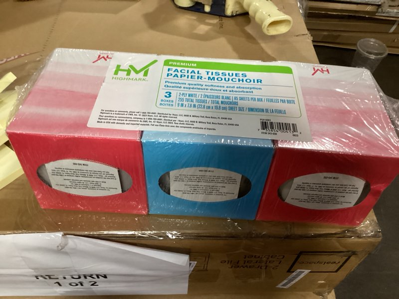 Condition photo showing New/Like New for highmark(r) 100% recycled 2-ply facial tissue, white, unscented, 85 tissues per box, pack of 3 boxes