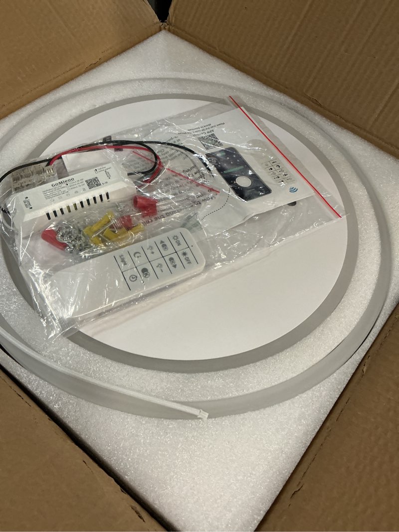 Condition photo showing Good Condition for O'NEELDY Modern 3 Ring LED Chandelier Lamp Fixture White 25.59''Dimmable Acrylic Flush Mount Ceiling Lights with Remote Control Ideal for Small Room, Kitchen, Bedroom White Ceiling Light, 3-light