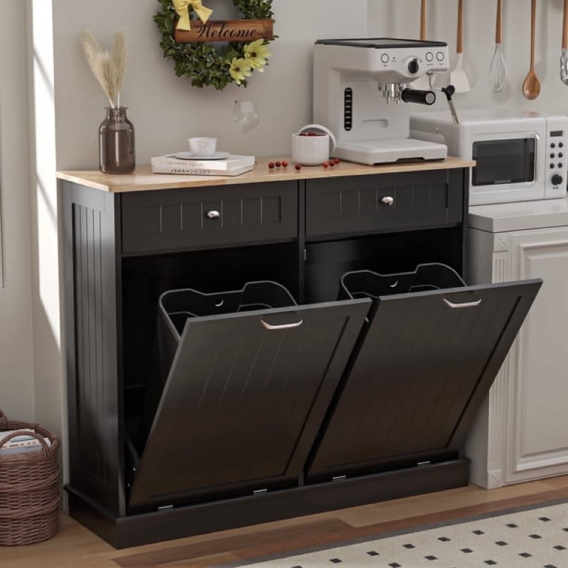 haripul double tilt out trash cabinet, 26 gallon trash can cabinet with drawers & handles for kitchen, black/light brown top