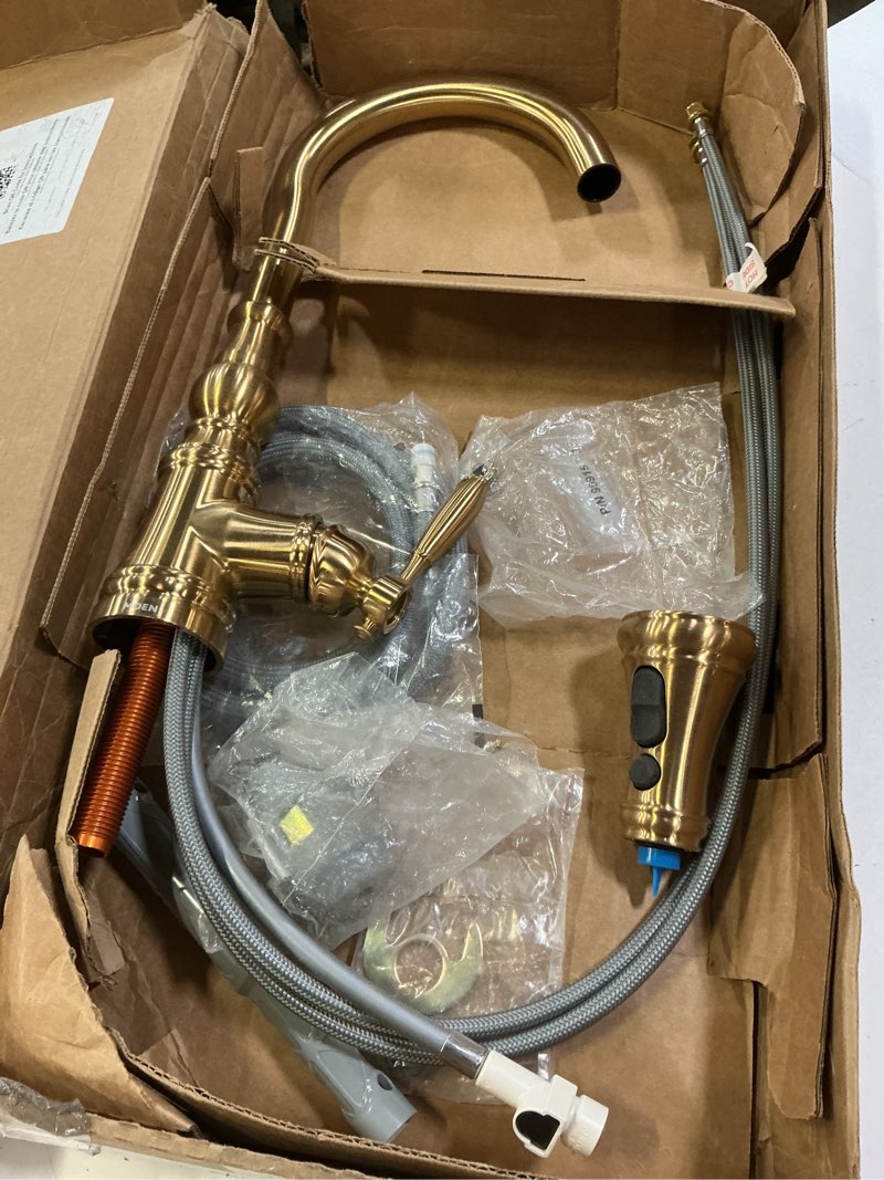 Condition photo showing As Is for moen weymouth brushed gold traditional shepherd's hook pulldown kitchen faucet featuring pull down spray head with power boost, s73004bg brushed gold standard