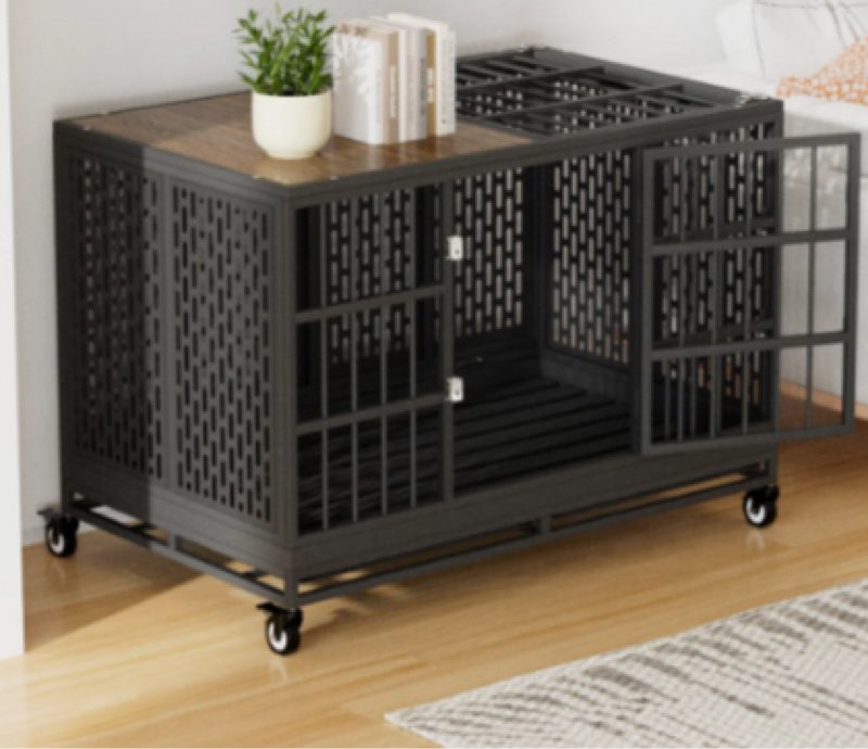 heavy duty dog crate with wheels, folding metal big dog cage for large and medium dogs, extra large xl xxl indestructible furniture style dog crate with removable tray.