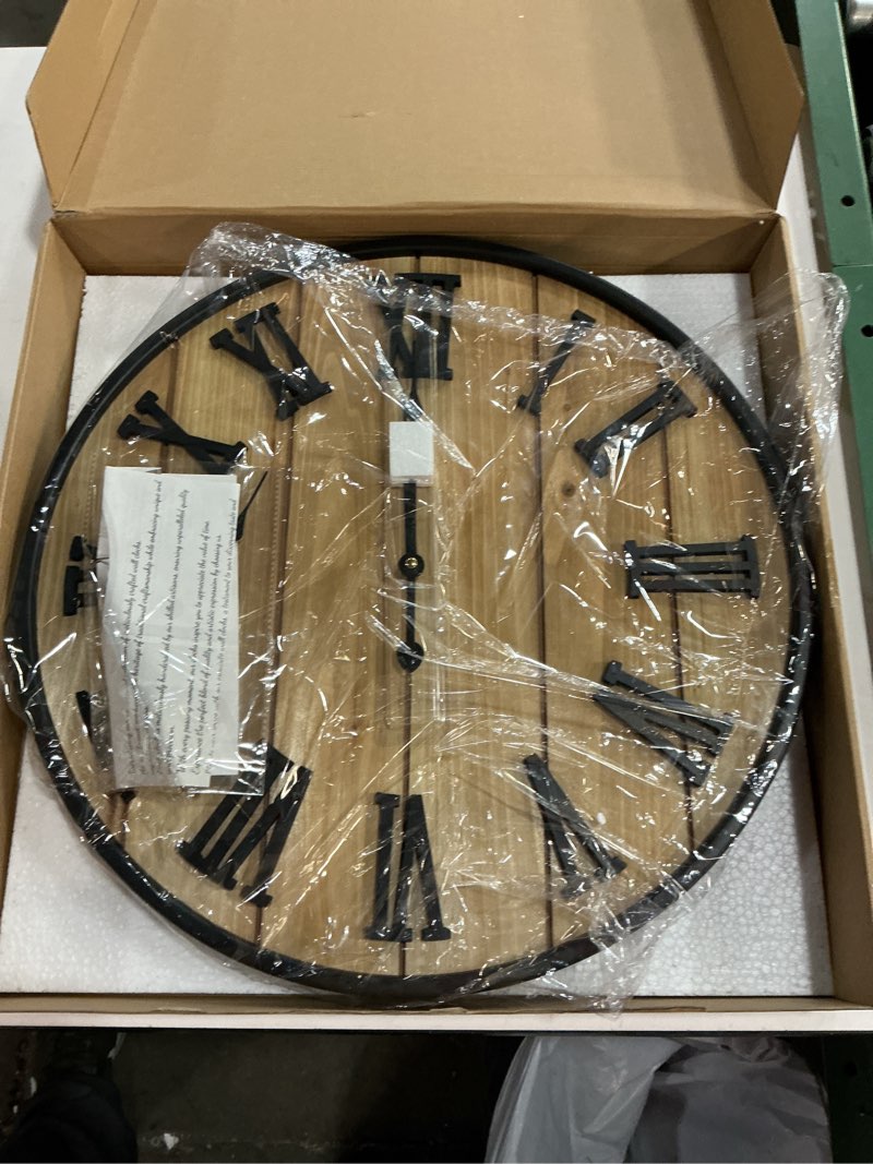 Condition photo showing New/Like New for Large Wall Clock 20IN, Silent Metal Wood Style Wall Clocks Battery Operated for Living Room Decor, Farmhouse Big Wall Clock, Outdoor Wood-roman 20IN