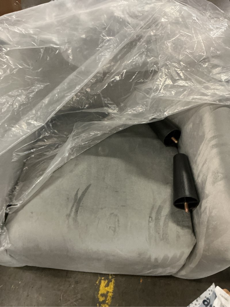 Condition photo showing As Is for (incomplete, one leg is missing )yaheetech barrel chair, accent chair faux leather club chair comfy armchair modern style tub chair for for living room bedroom, gray