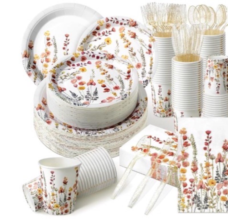 Sinmoe 400 Pcs Spring Plates and Napkins Set Paper Flower Dinnerware Disposable Party Supplies for 5