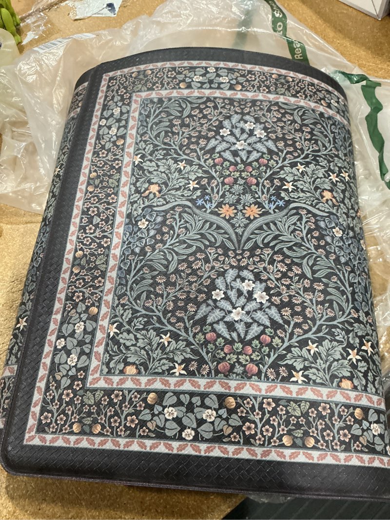 Condition photo showing Good Condition for collive kitchen mats for floor, cushioned anti fatigue mat floral rugs 2 piece non skid waterproof sink rug, memory foam comfort standing mat for office, laundry, desk, black/mulit black/multi 17.3"x47"+17.3"x29"