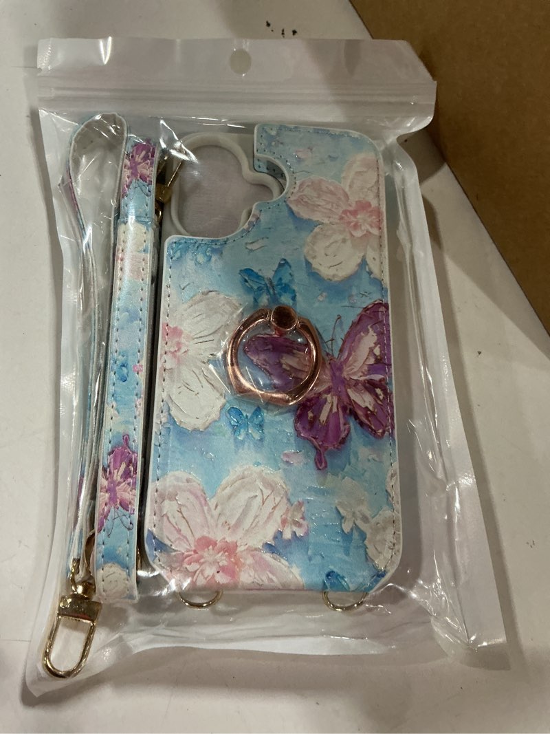 Condition photo showing New/Like New for Crossbody Wallet Case for iPhone 16 with Card Holder, Cute 3D Oil Painting Floral Butterfly Pattern Crossbody Case with [Screen Protector+Camera Lens Protector] Ring Stand&Lanyard Cover,White for iPhone 16 White