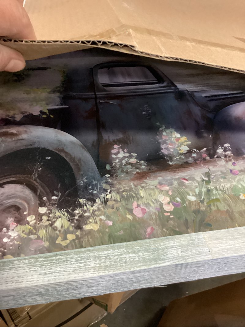 Condition photo showing Good Condition for countryside landscape wall art: farm old blue truck painting framed wooden country barn picture rusty ancient car prints rustic flower field scenery artwork for farmhouse bedroom 36"l x 24"w flower car
