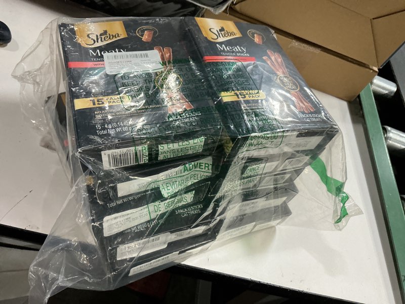 Condition photo showing New/Like New for best before: 05/2026 sheba meaty tender sticks chicken cat treats, chicken flavor, cat snacks, 0.14 oz., 15 count, pack of 10 (150 sticks total) chicken 15 count (pack of 10)